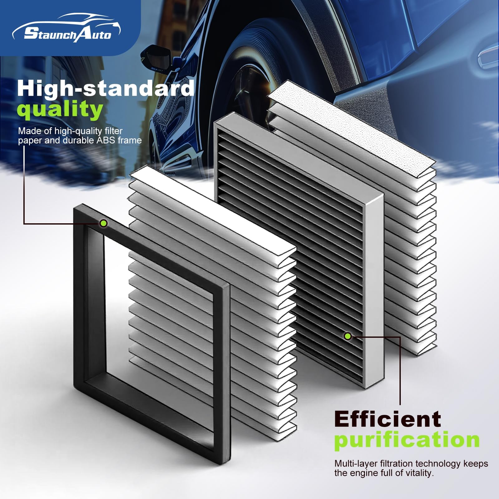 StaunchAuto engine filter close-up of multi-layer media for longer lasting filtration