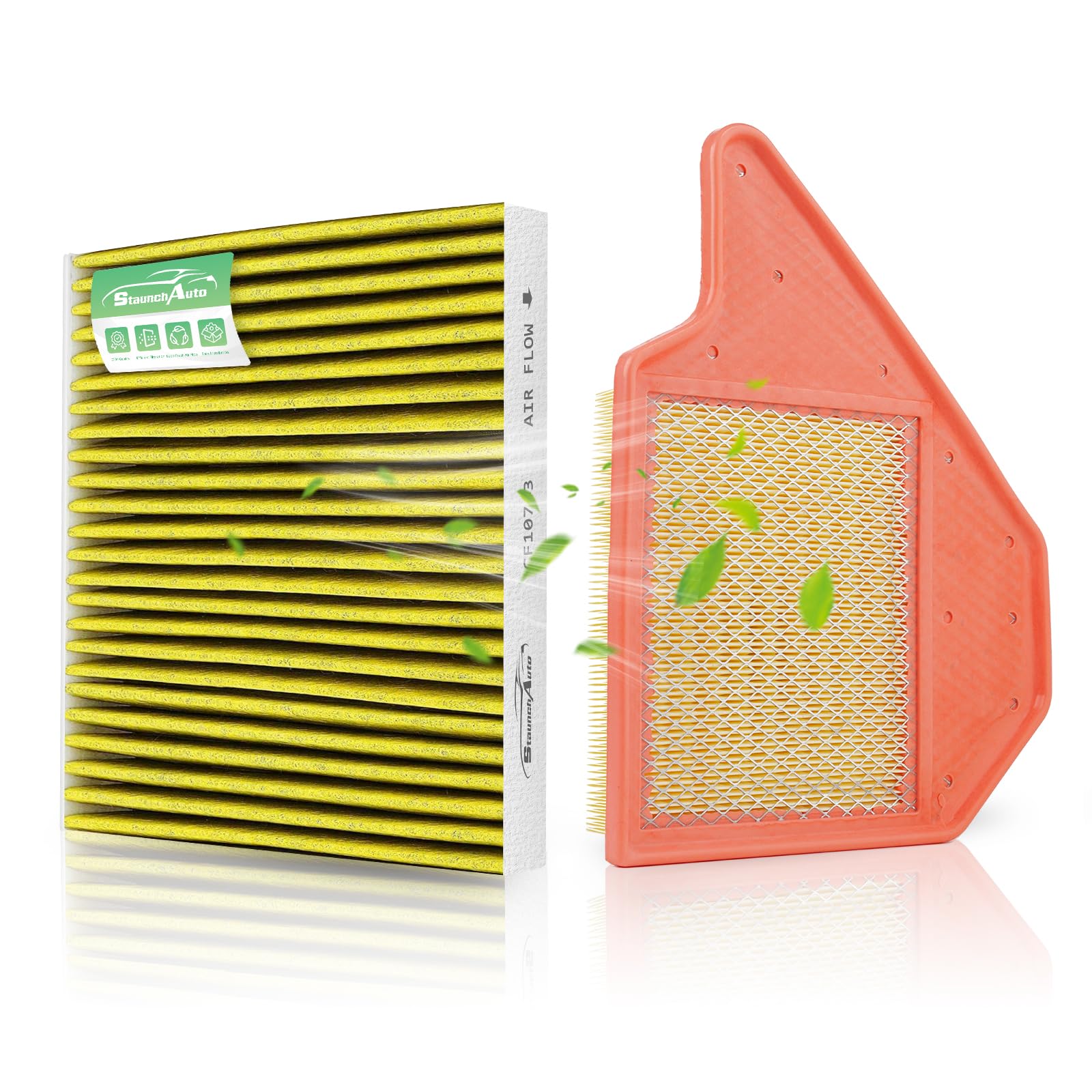 StaunchAuto front packaging of engine and cabin filter combo showing fit compatibility and value