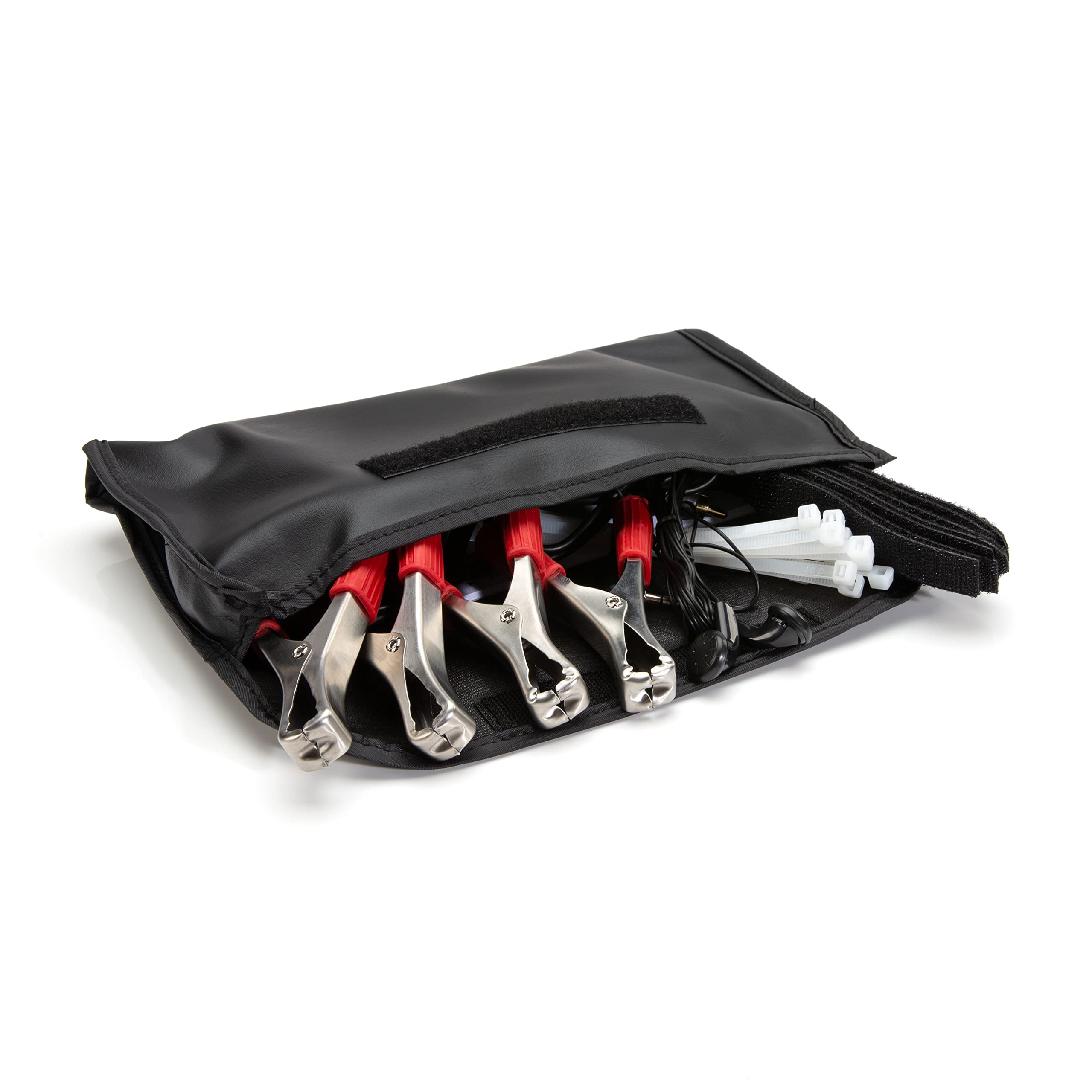 Organizer case with Steelman straps, clamps and earphones neatly packed for easy transport