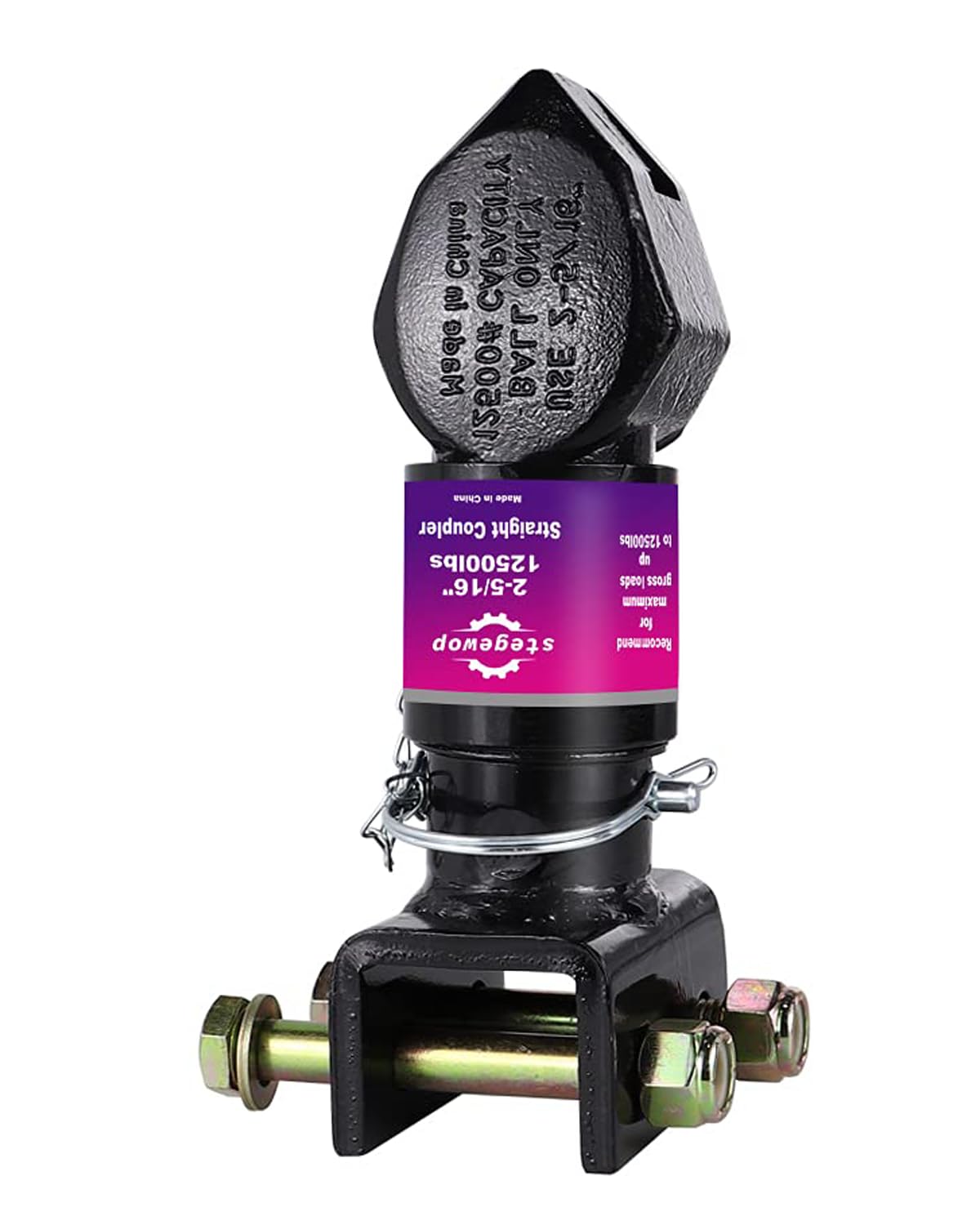 Stegewop front view of coupler showing ball socket and body for secure towing