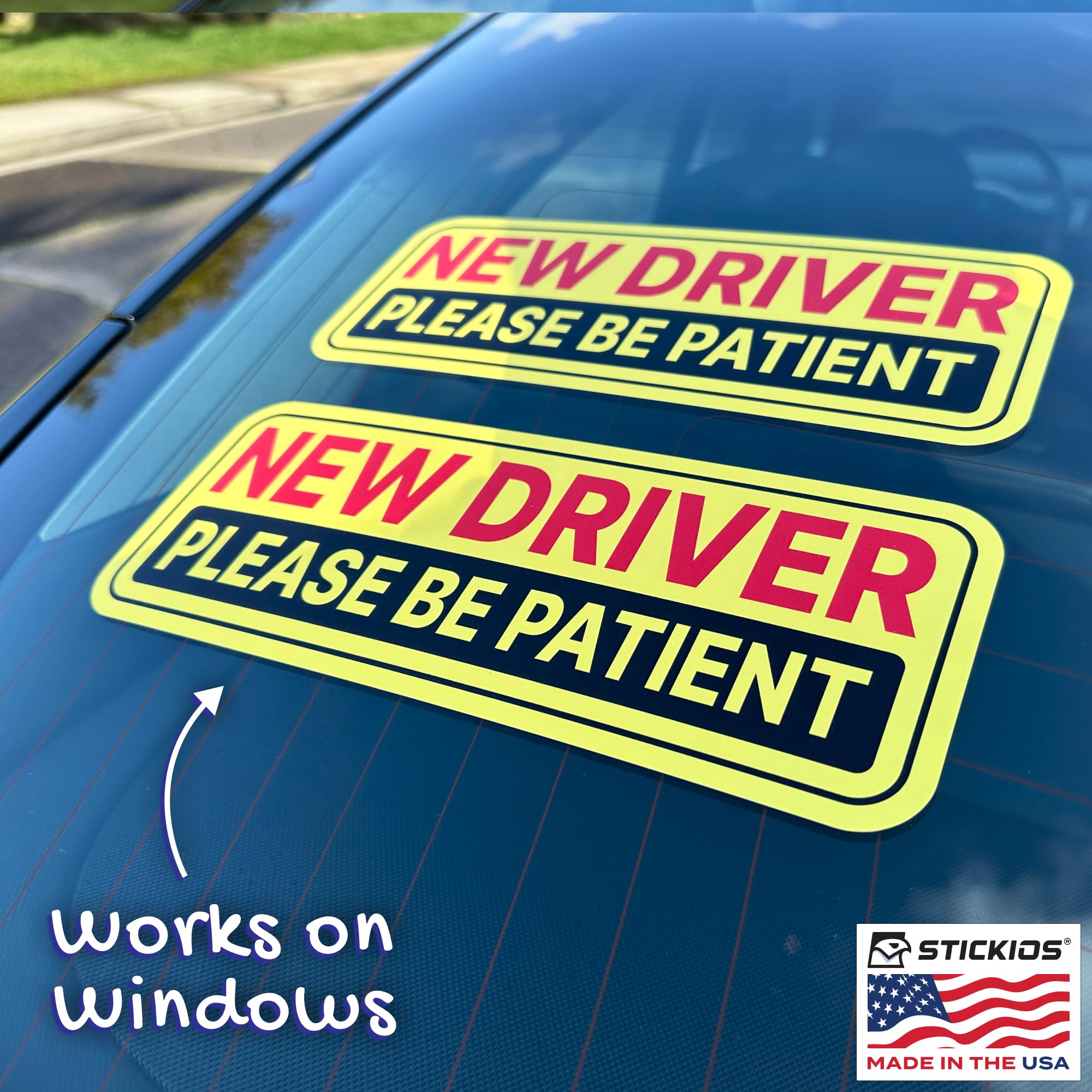 Stickios decal stuck to rear window illustrating easy application and removal