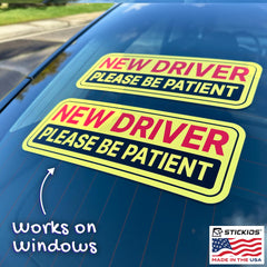 Stickios decal stuck to rear window illustrating easy application and removal