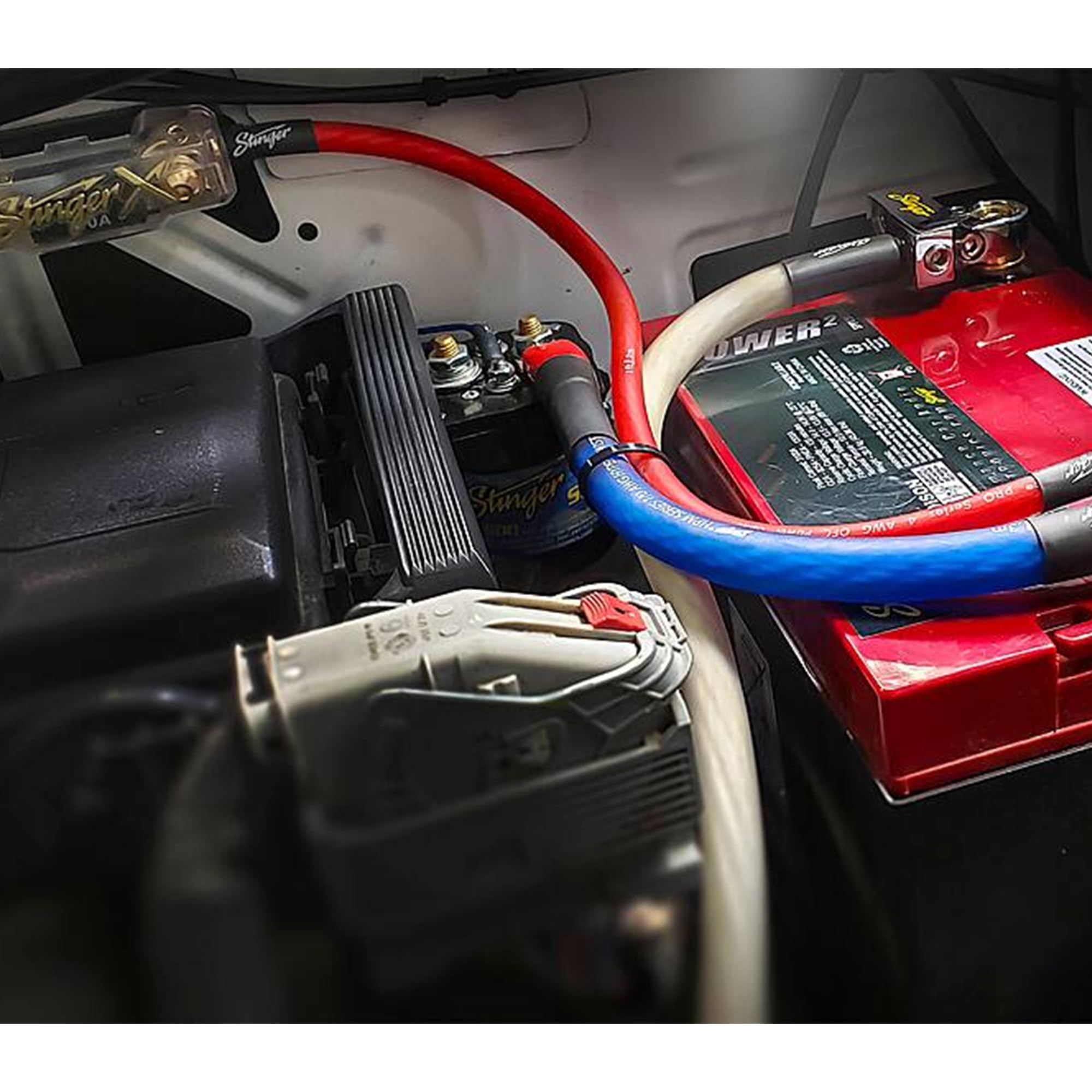 STINGER relay installed under hood demonstrating space-saving mount and neat cable routing