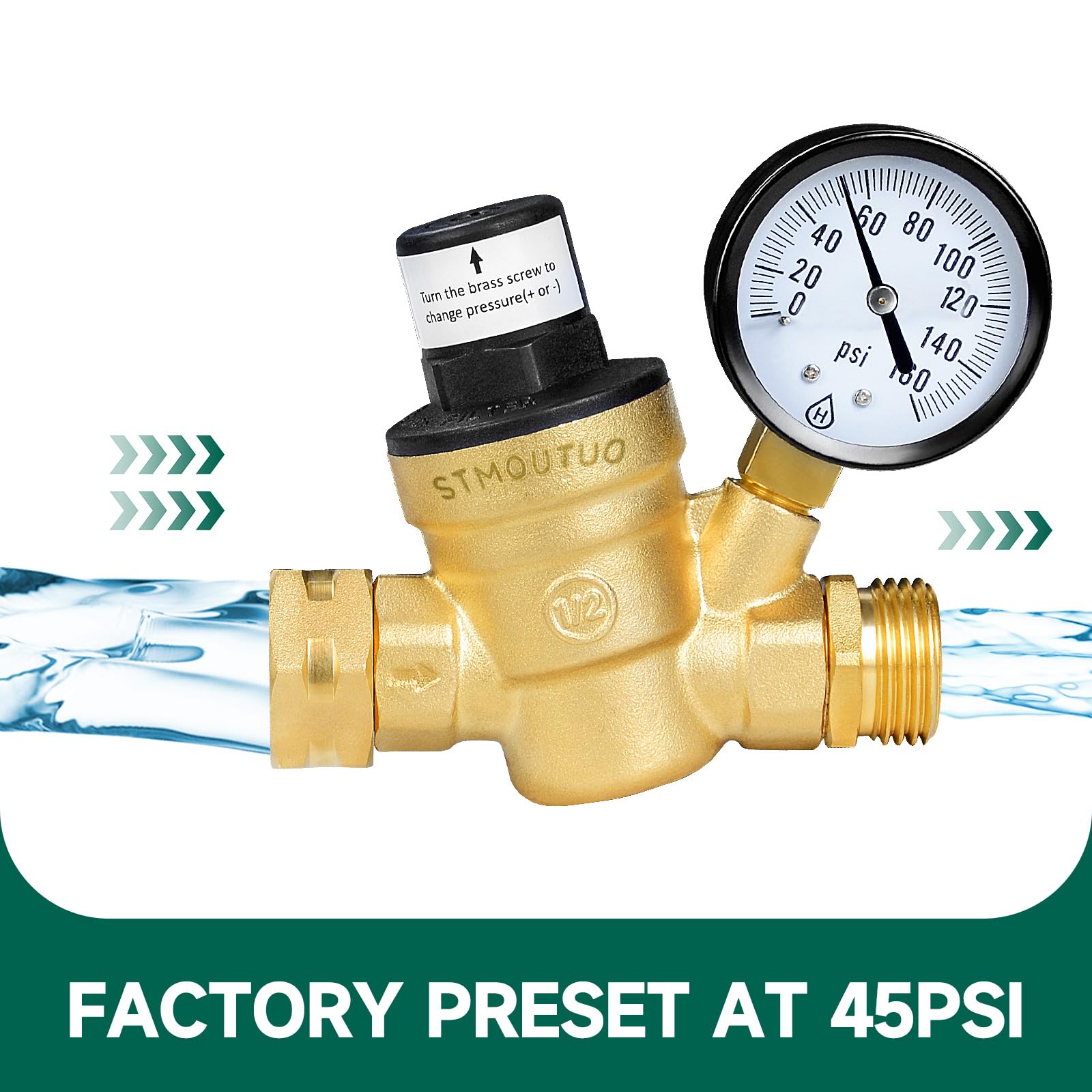 STMOUTUO pressure gauge detail with readable 0–160 PSI scale for precise adjustments
