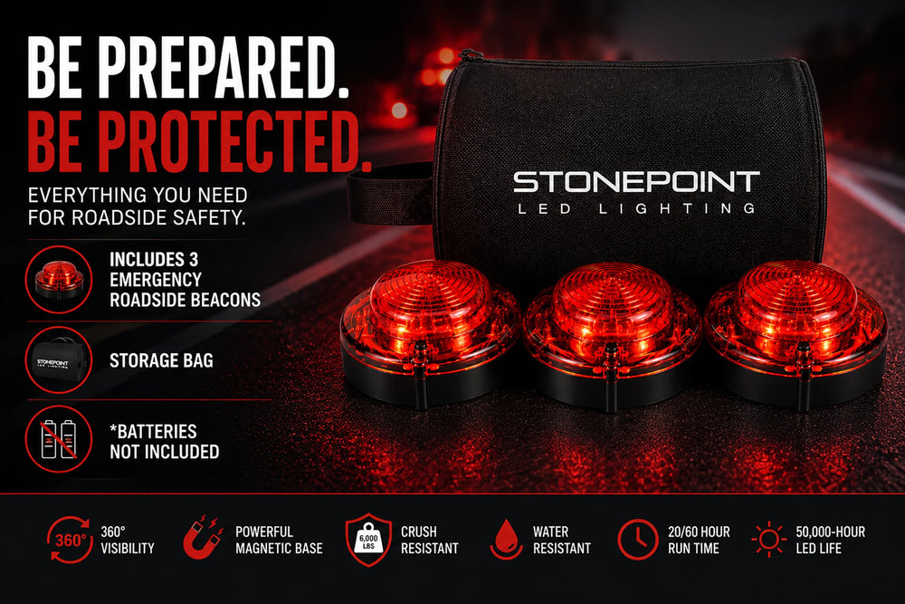 StonePoint beacons lit on roadside at night offering high visibility to drivers