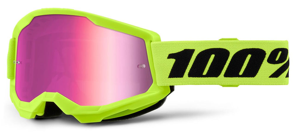 STRATA 2 goggles front view neon yellow frame, pink mirror lens, clear visibility benefit