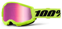 STRATA 2 goggles front view neon yellow frame, pink mirror lens, clear visibility benefit