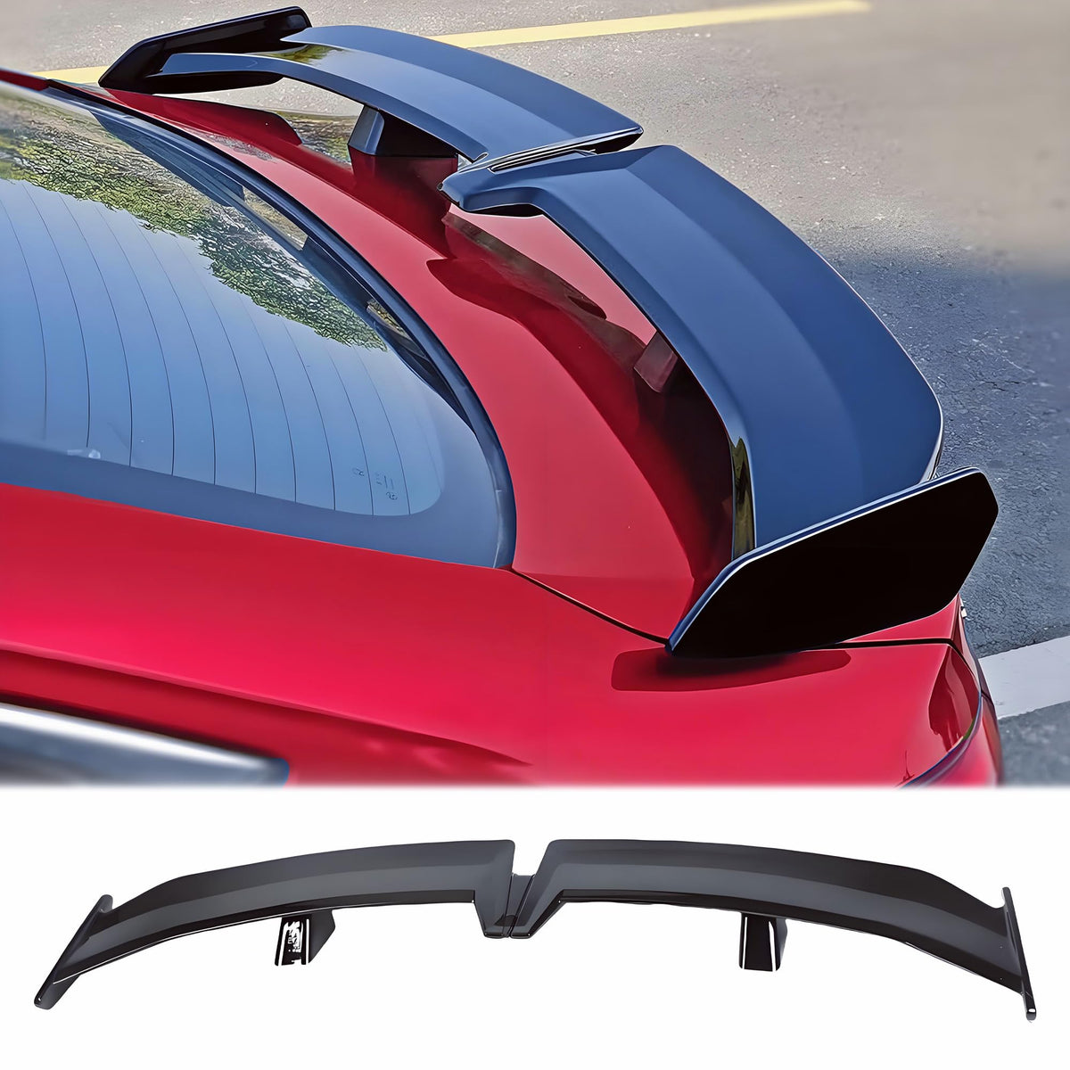 Sts.Ev01 front view of spoiler packaging showing product and fitment benefits