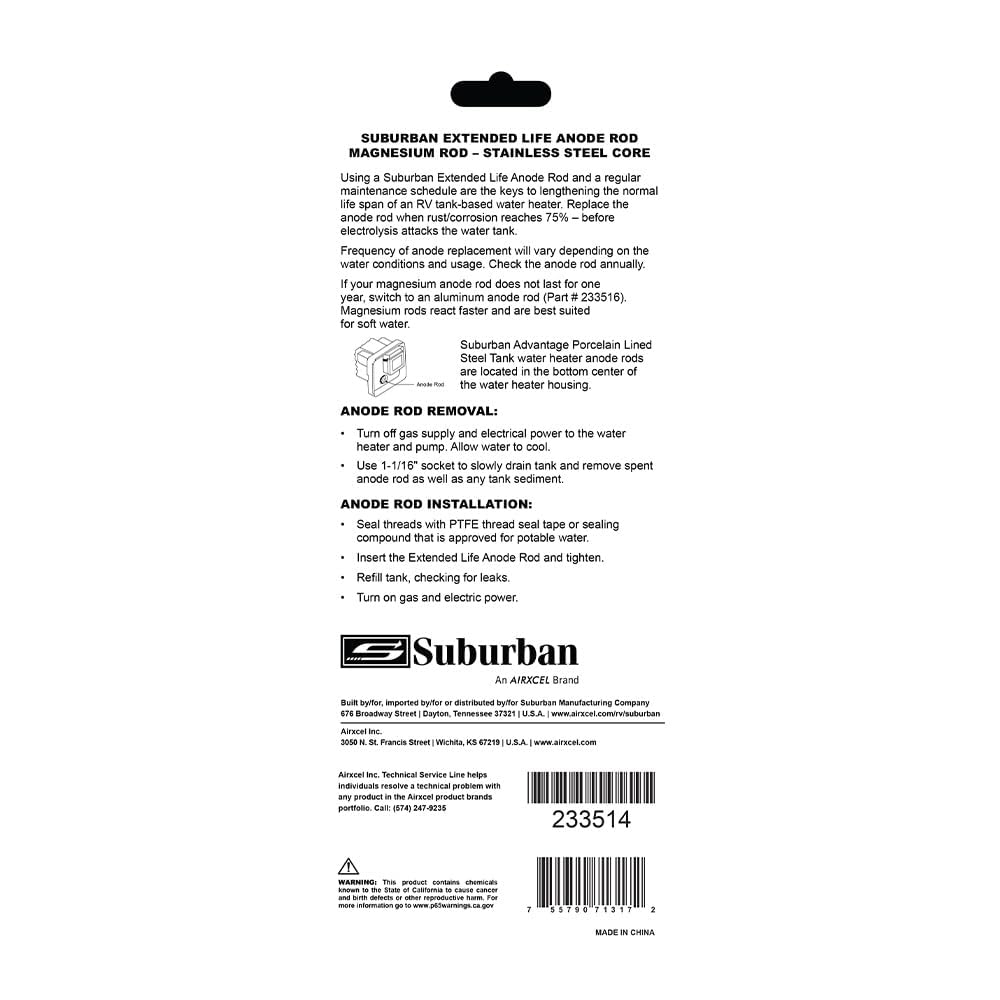 Suburban anode rod front view showing durable design and easy fitment