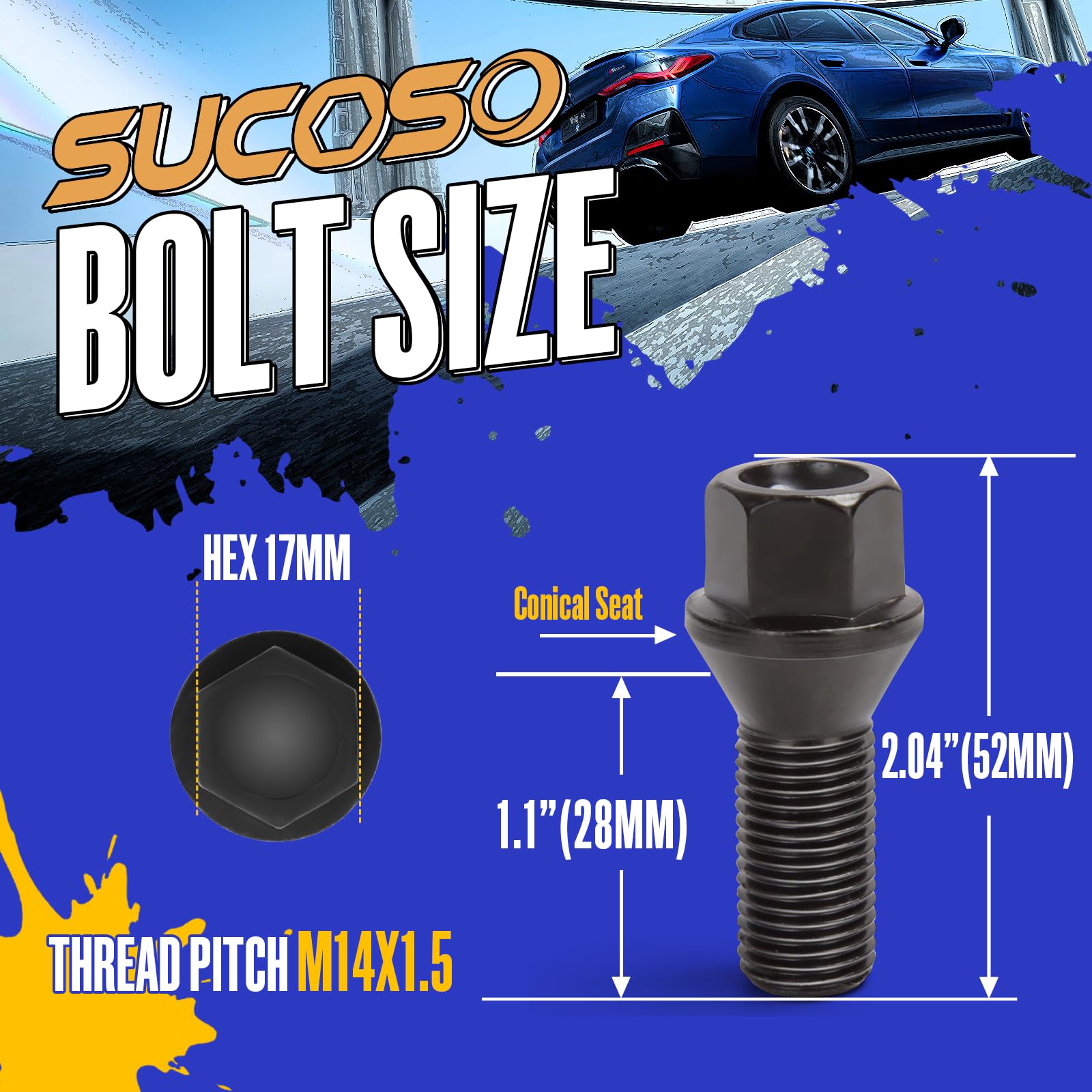 SUCOSO close-up of thread and 60° conical seat highlighting secure, OEM-compatible fit