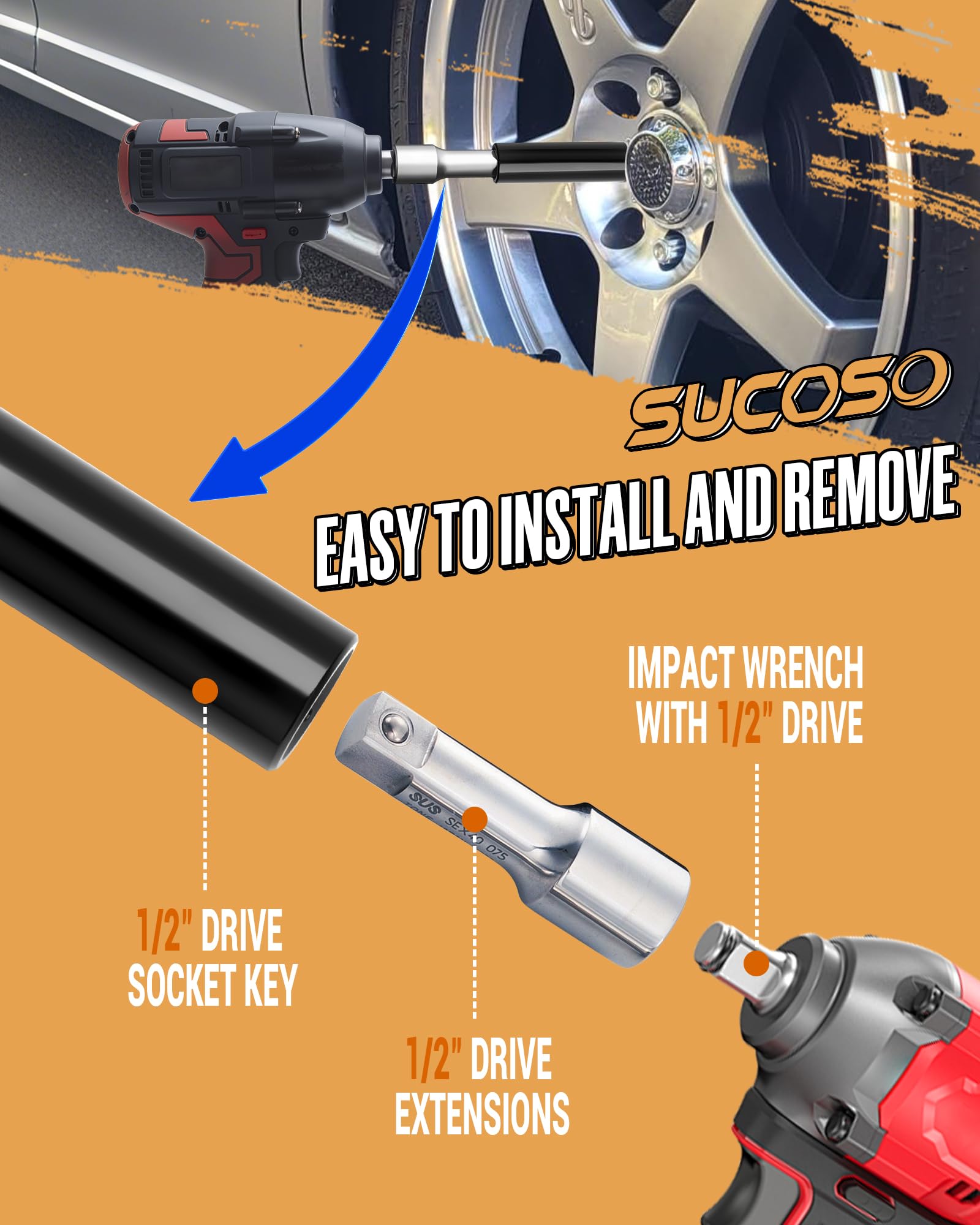 SUCOSO 1/2" extension fitted on impact wrench demonstrating compatibility benefit