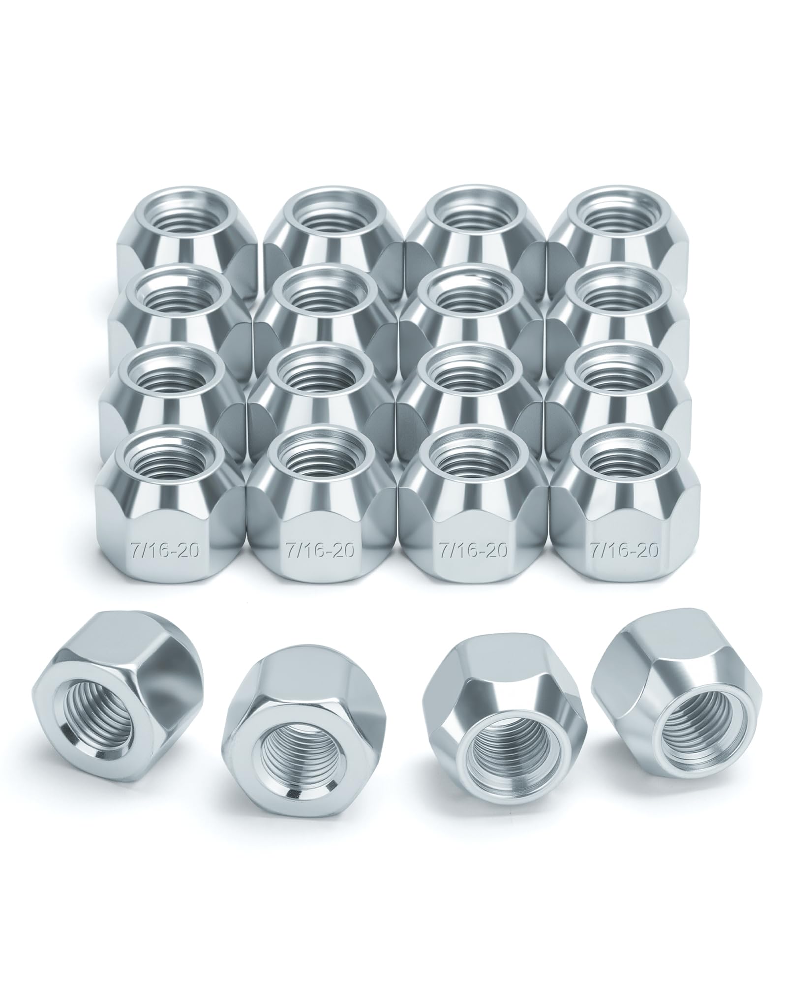 SUCOSO lug nuts front view showing chrome finish and cone seat benefit corrosion resistance
