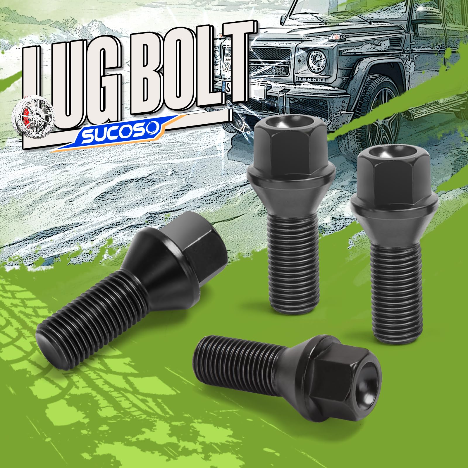SUCOSO bolts next to ruler showing scale and accurate M14x1.5 thread dimensions