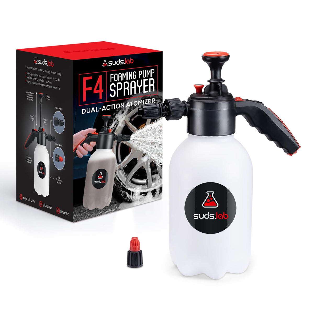 suds.lab front view of F4 foaming sprayer showing full unit and grip benefit
