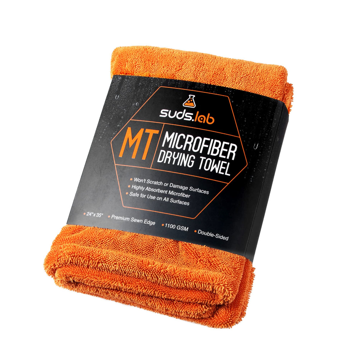 suds.lab front view packaged towel showing large size and ready-to-use benefit