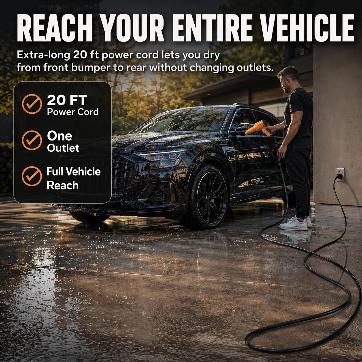 suds.lab 20 ft cord stretched to show extended reach and convenience