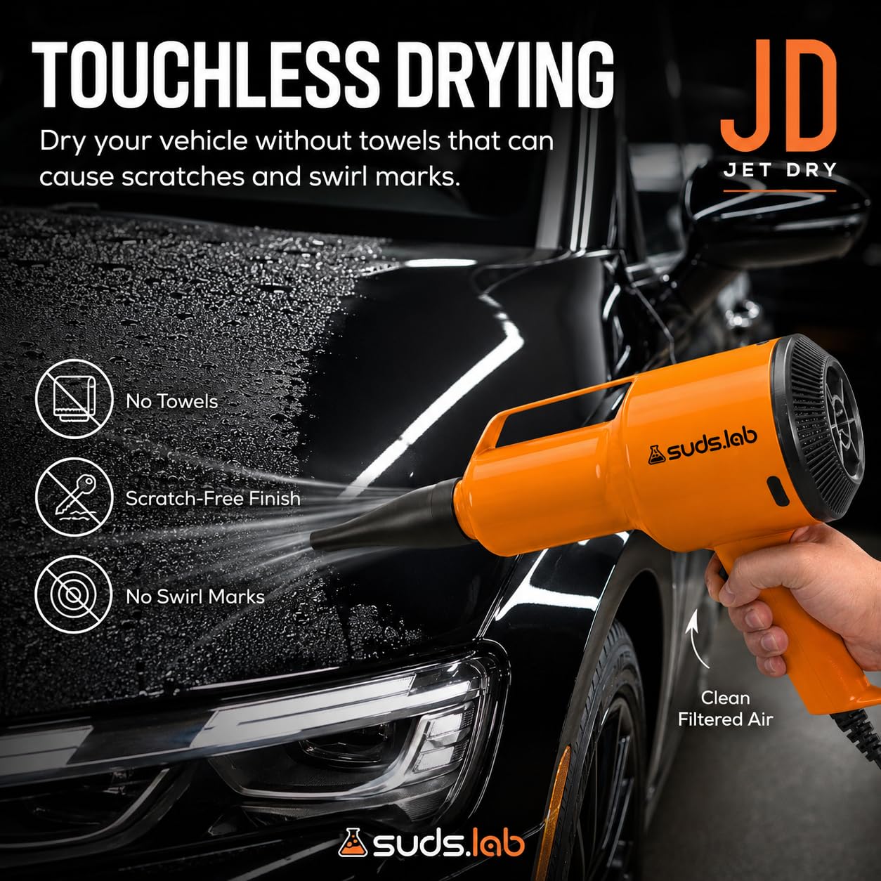 suds.lab wide nozzle delivering gentle airflow for panel drying