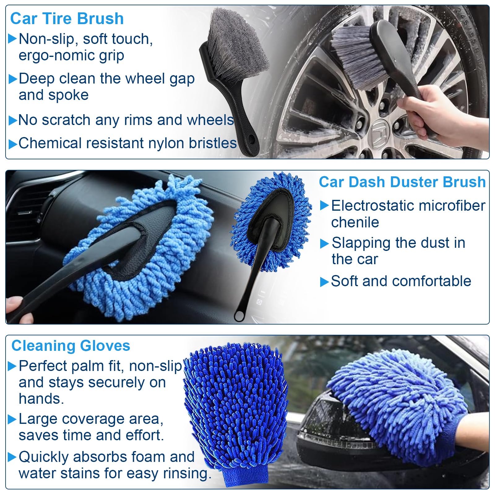 Sufdari wheel brush and tire brush angled to clean rim spokes and sidewalls effectively