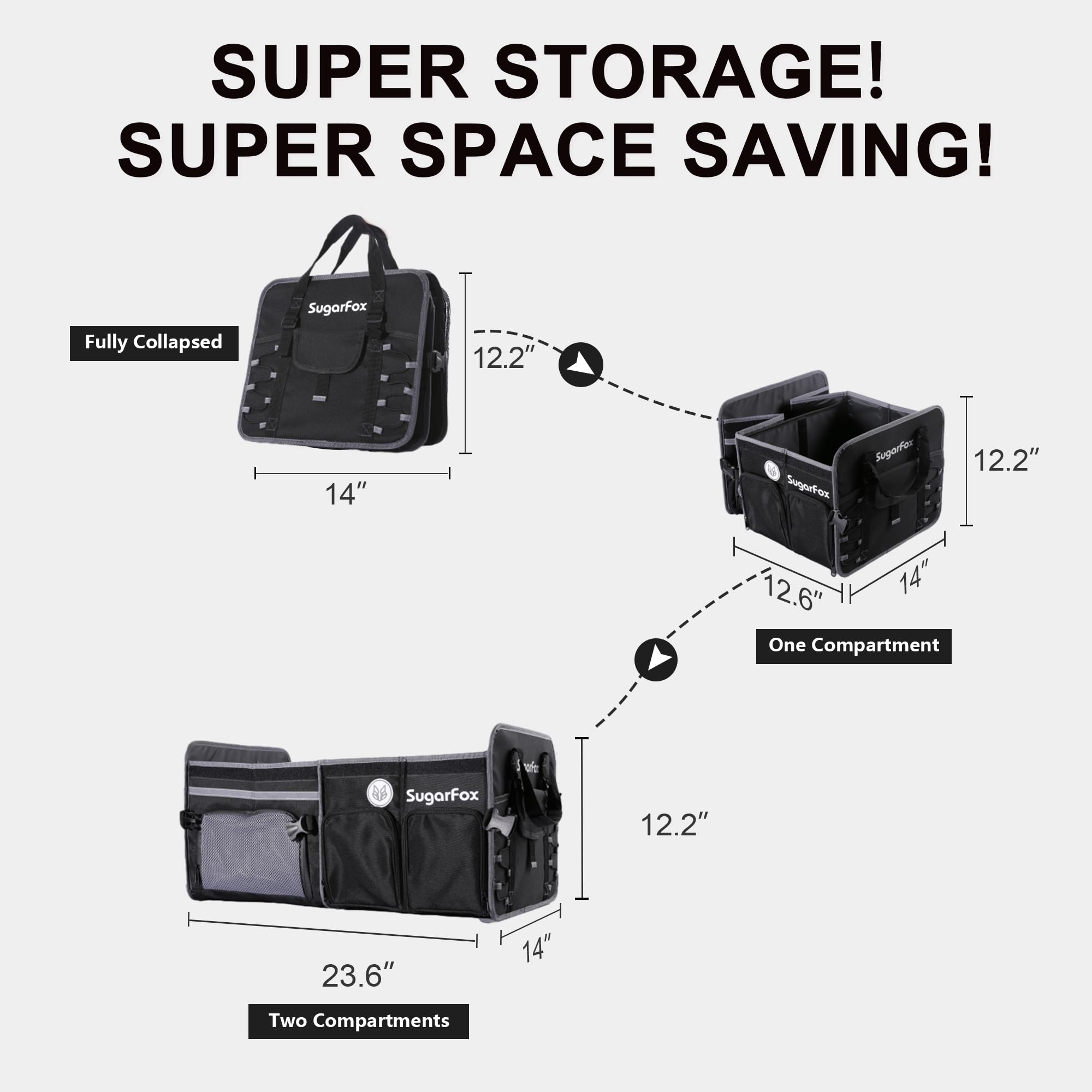 SugarFox collapsed flat under a car seat for compact storage and space saving