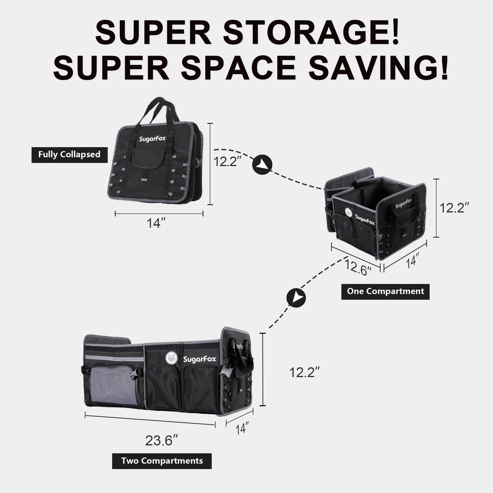 SugarFox collapsed flat under a car seat for compact storage and space saving