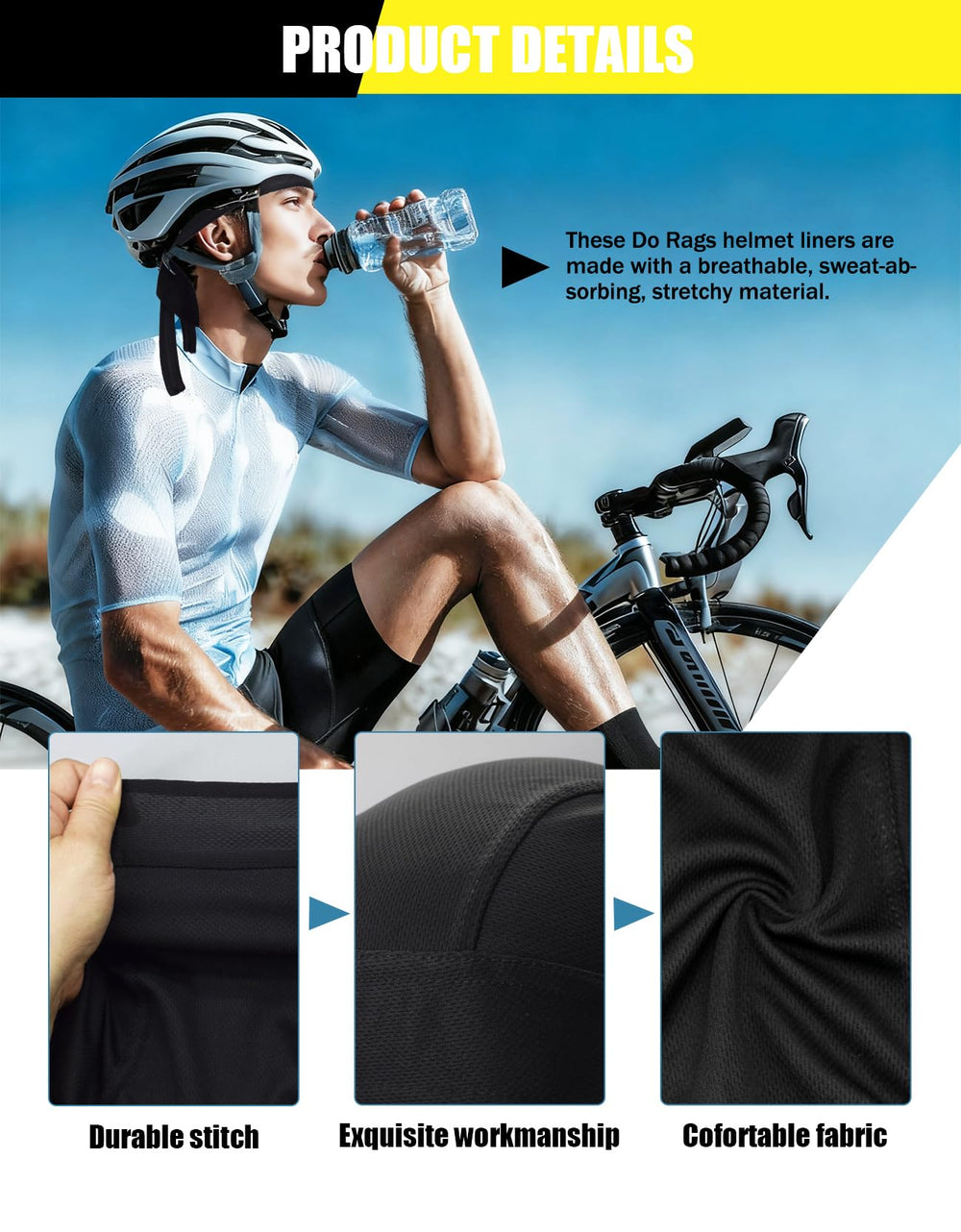 Supeniu skull cap on cyclist wicking sweat and keeping vision clear during ride