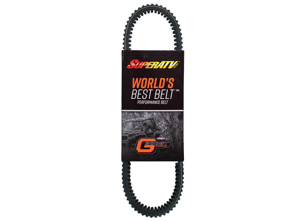 SuperATV drive belt front view showing packaging and clear fitment information