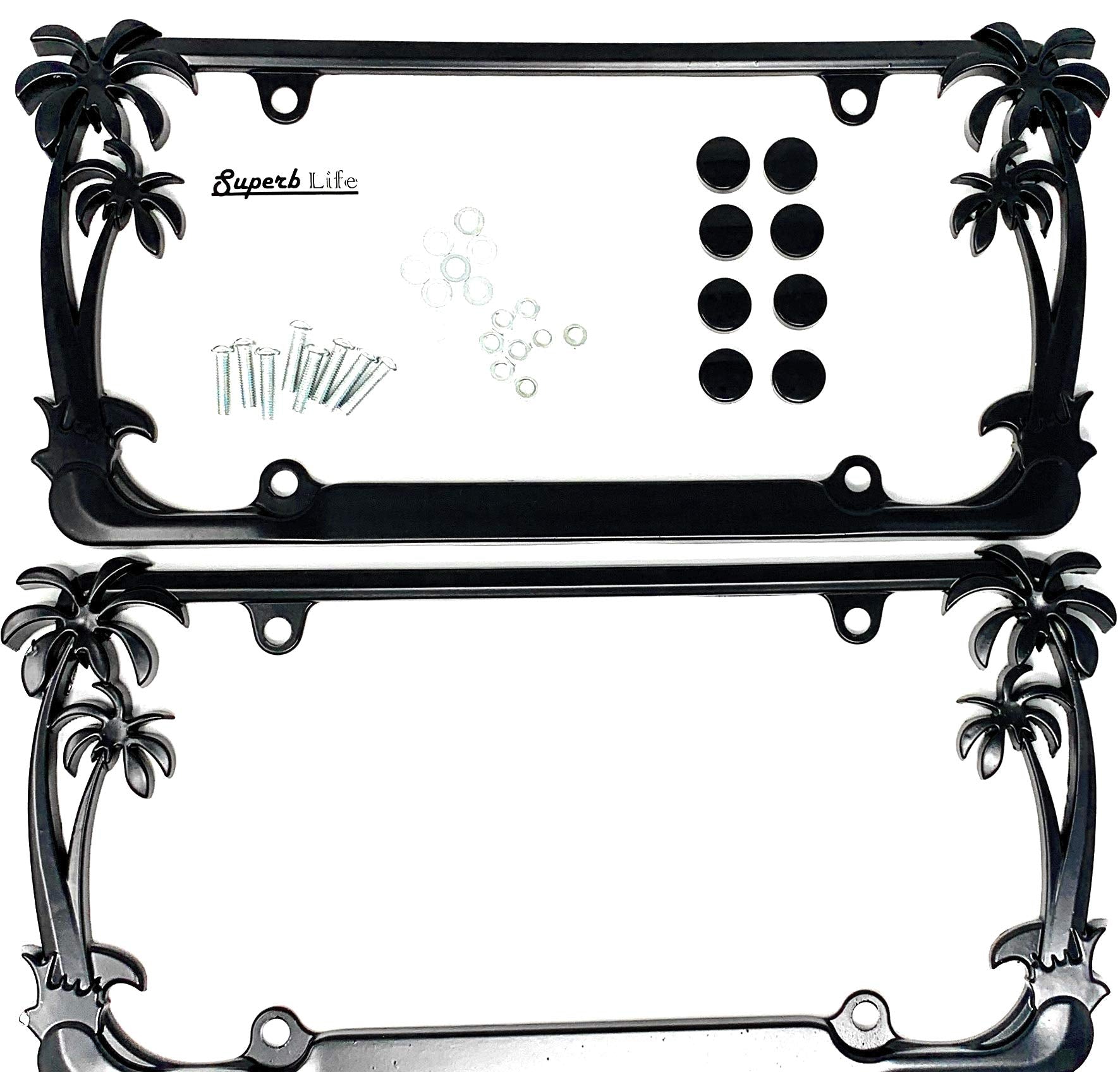 Superb lnf front view of palm tree chrome license plate frame adding bold style