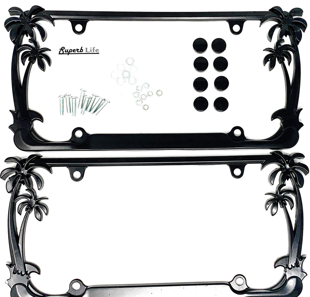 Superb lnf front view of palm tree chrome license plate frame adding bold style