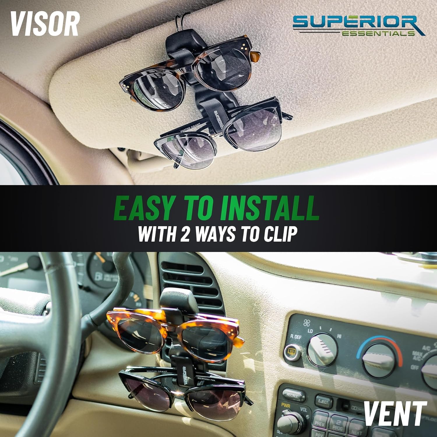 SUPERIOR ESSENTIALS vent clip attached to car vent offering alternate mounting option