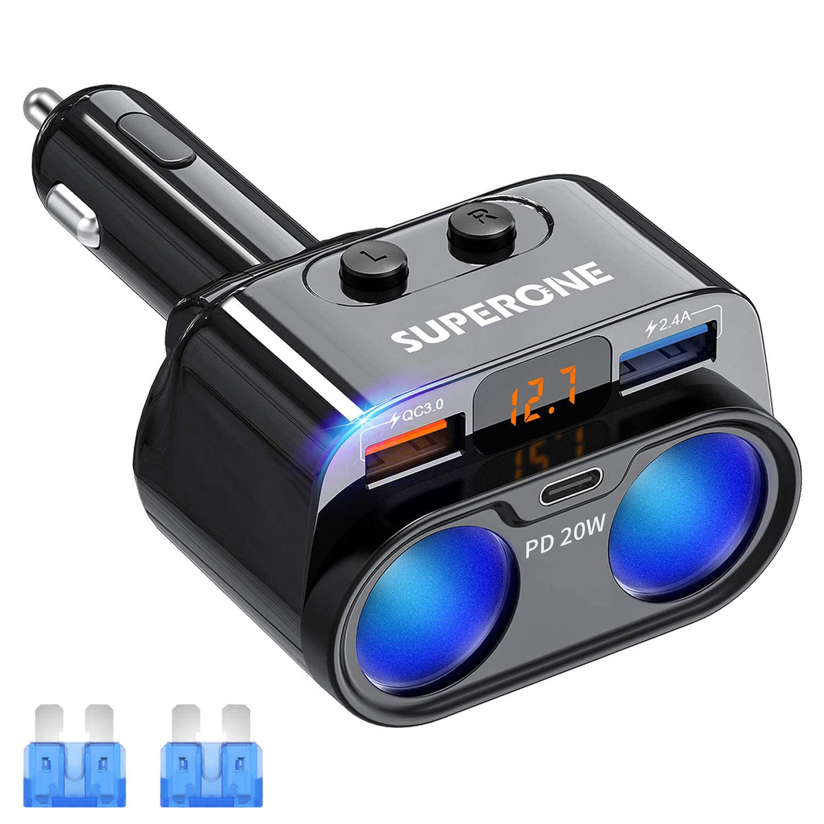 SUPERONE front view showing dual sockets and compact design for versatile power