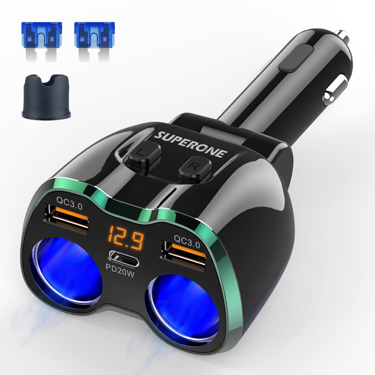 SUPERONE front view showing two sockets and three USB ports, enables multiple devices