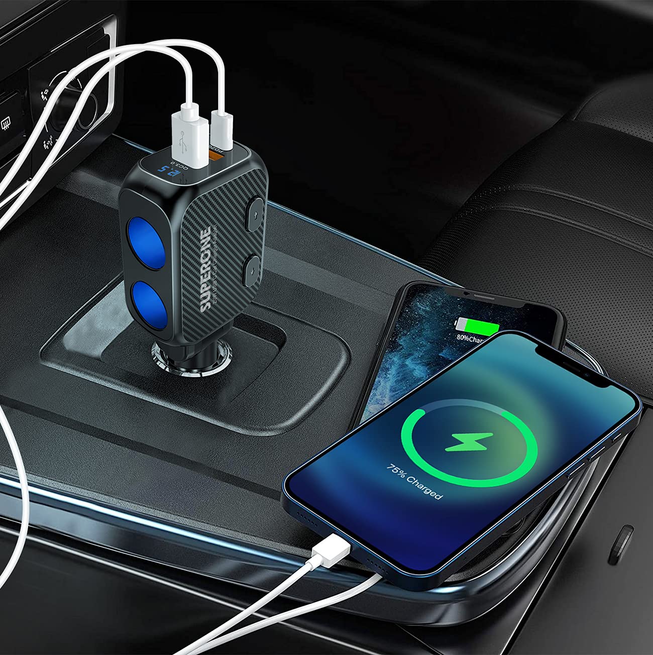 SUPERONE powering devices on a roadtrip illustrating multi‑device charging convenience