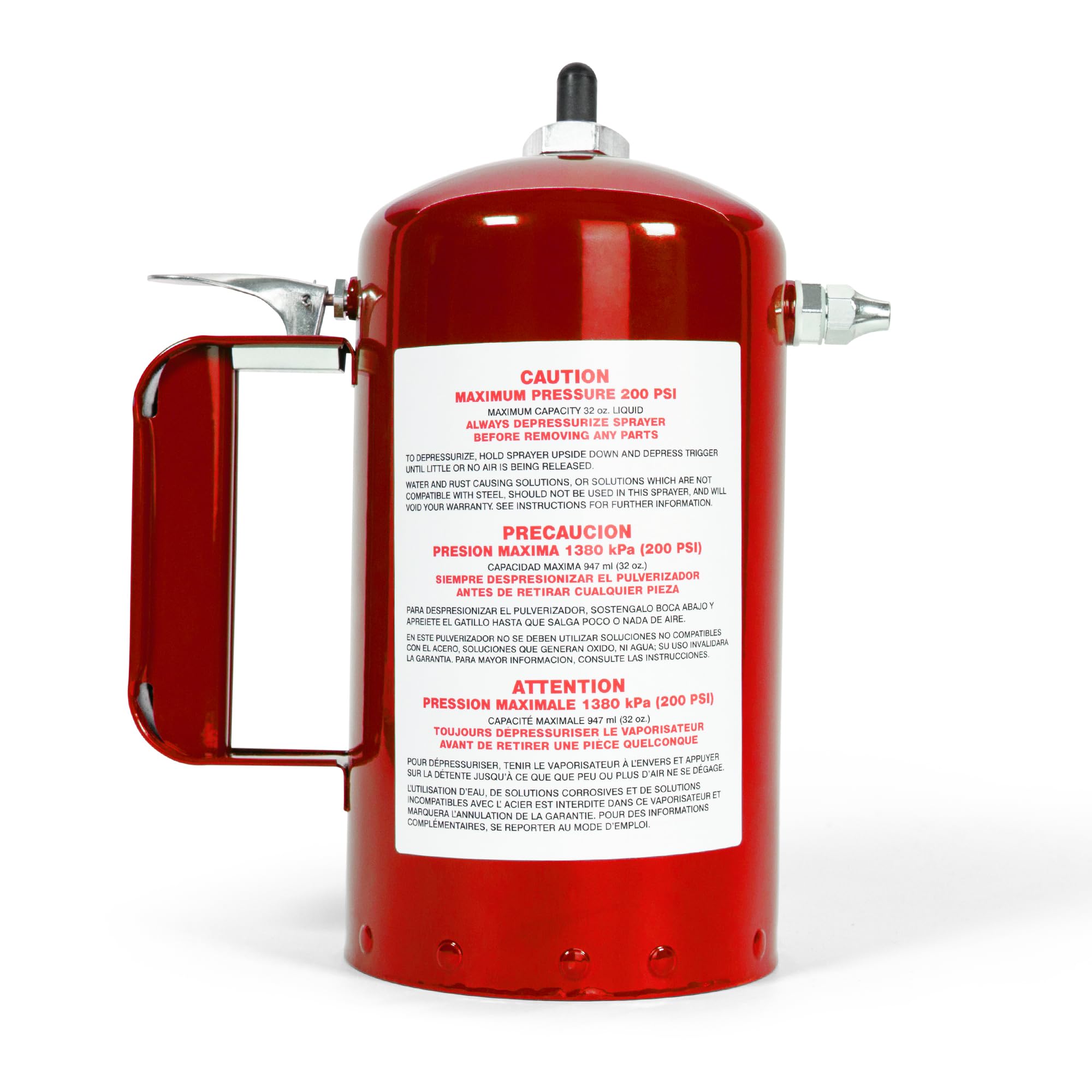 SURE SHOT close-up of enameled red steel canister showing corrosion resistance benefit