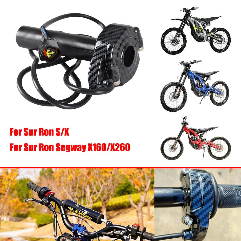 Surron throttle on bike in trail setting showing practical upgrade