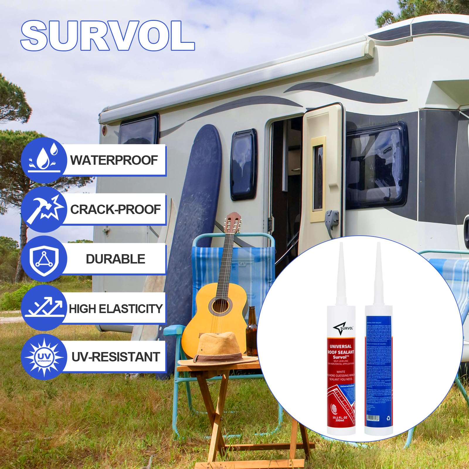 Survol used at a campsite protecting camper from roof leaks
