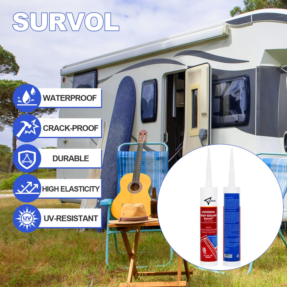 Survol used at a campsite protecting camper from roof leaks