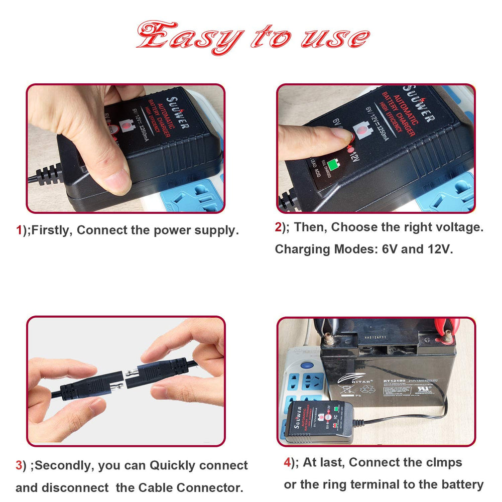 Suuwer package contents laid out including charger, clamps, OT terminals and manual