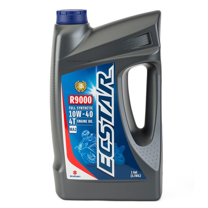 Suzukicycles ECSTAR R9000 front label showing 1 gallon and 10W-40 for engine protection