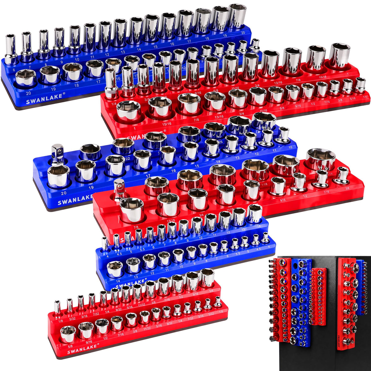SWANLAKE GARDEN TOOLS front packaging showing six magnetic socket trays and capacity benefits