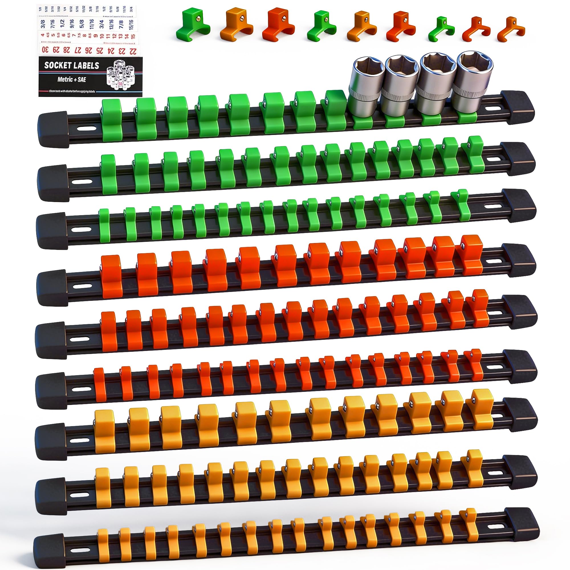 SWANLAKE GARDEN TOOLS front view of socket rail set, neat storage benefit