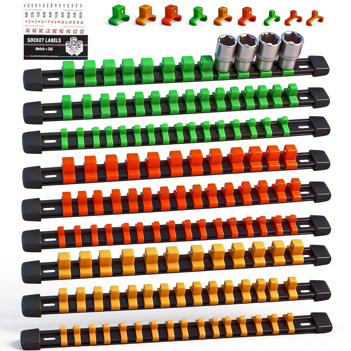 SWANLAKE GARDEN TOOLS front view of socket rail set, neat storage benefit