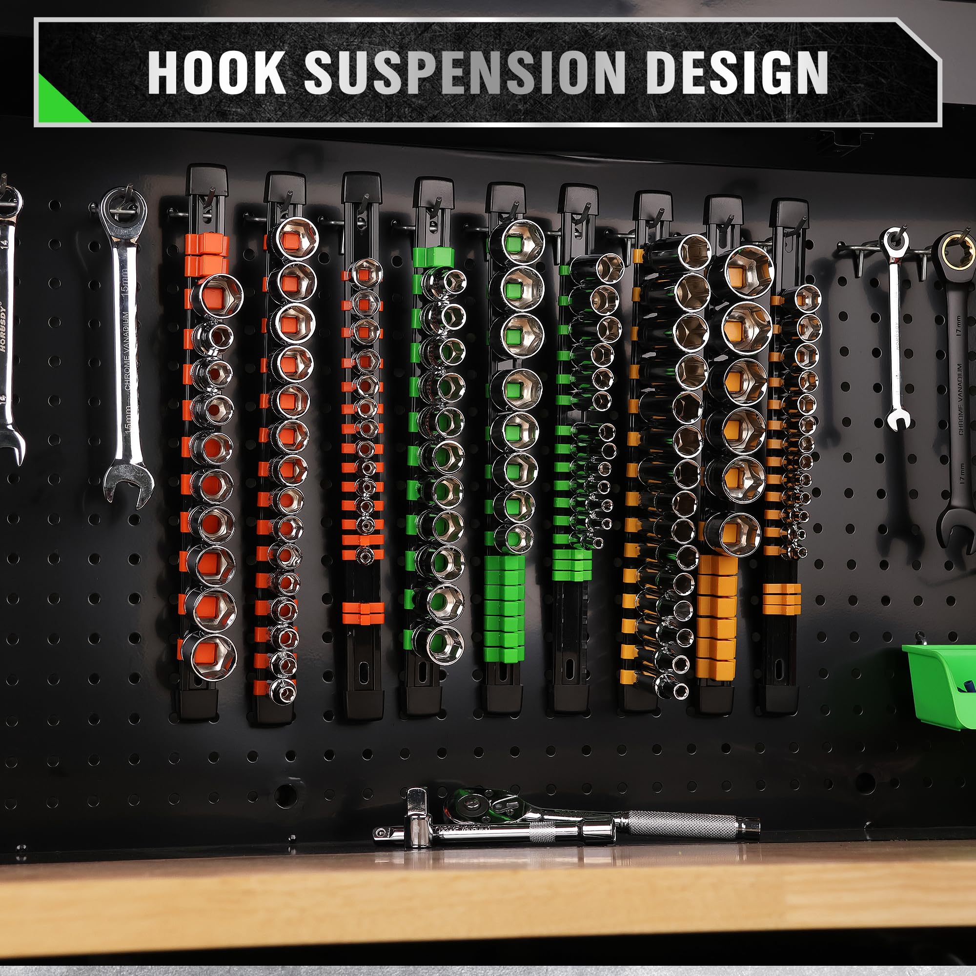 SWANLAKE GARDEN TOOLS rail mounted on workbench for space-saving storage