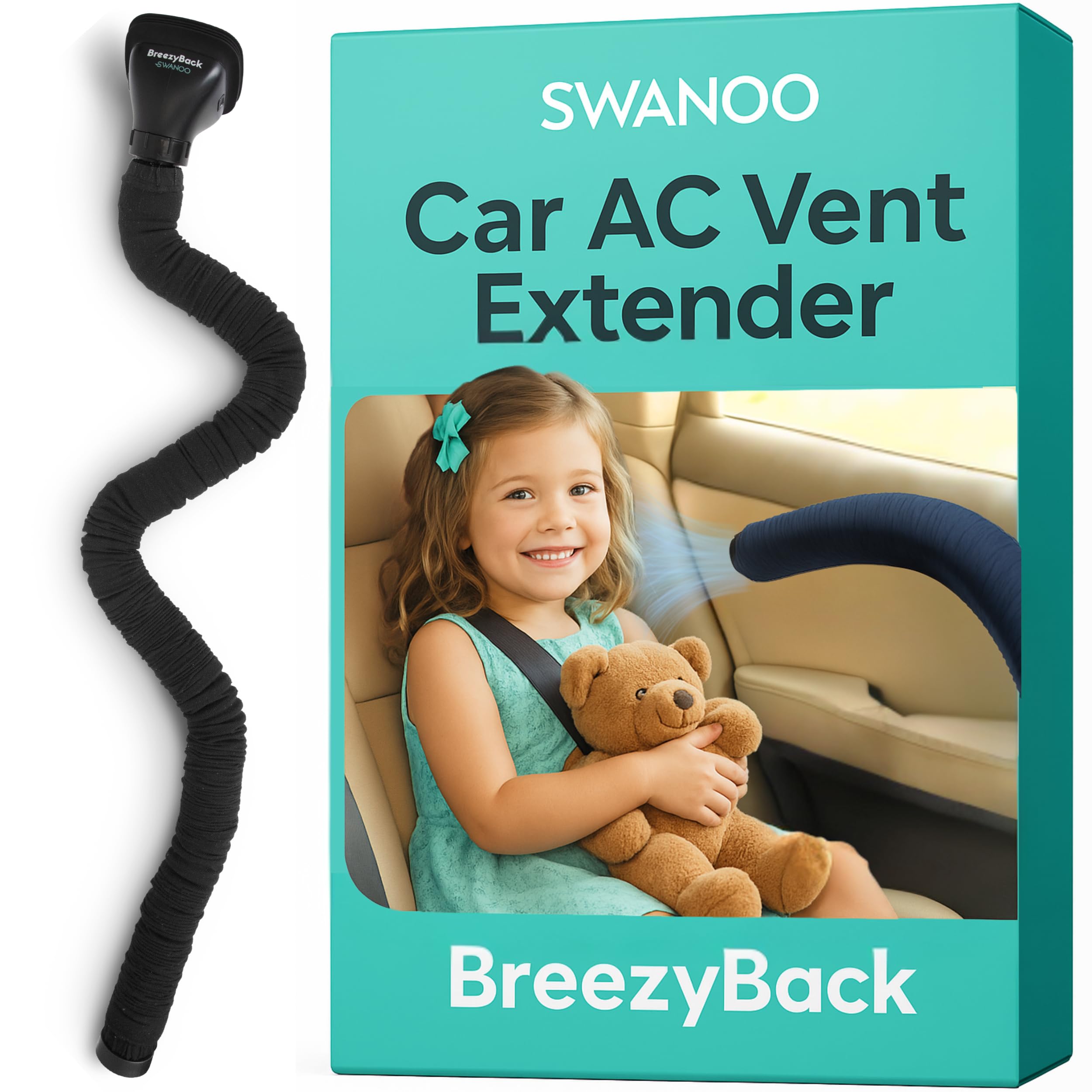 Swanoo BreezyBack front vent attachment showing a snug fit and steady airflow