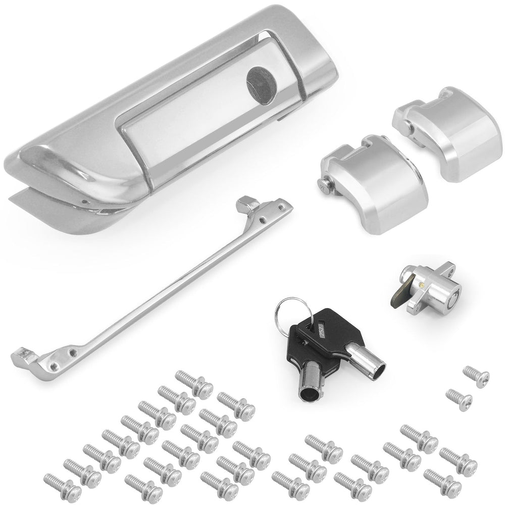 SWESGI front view of chrome trunk latch kit showing complete components and fit