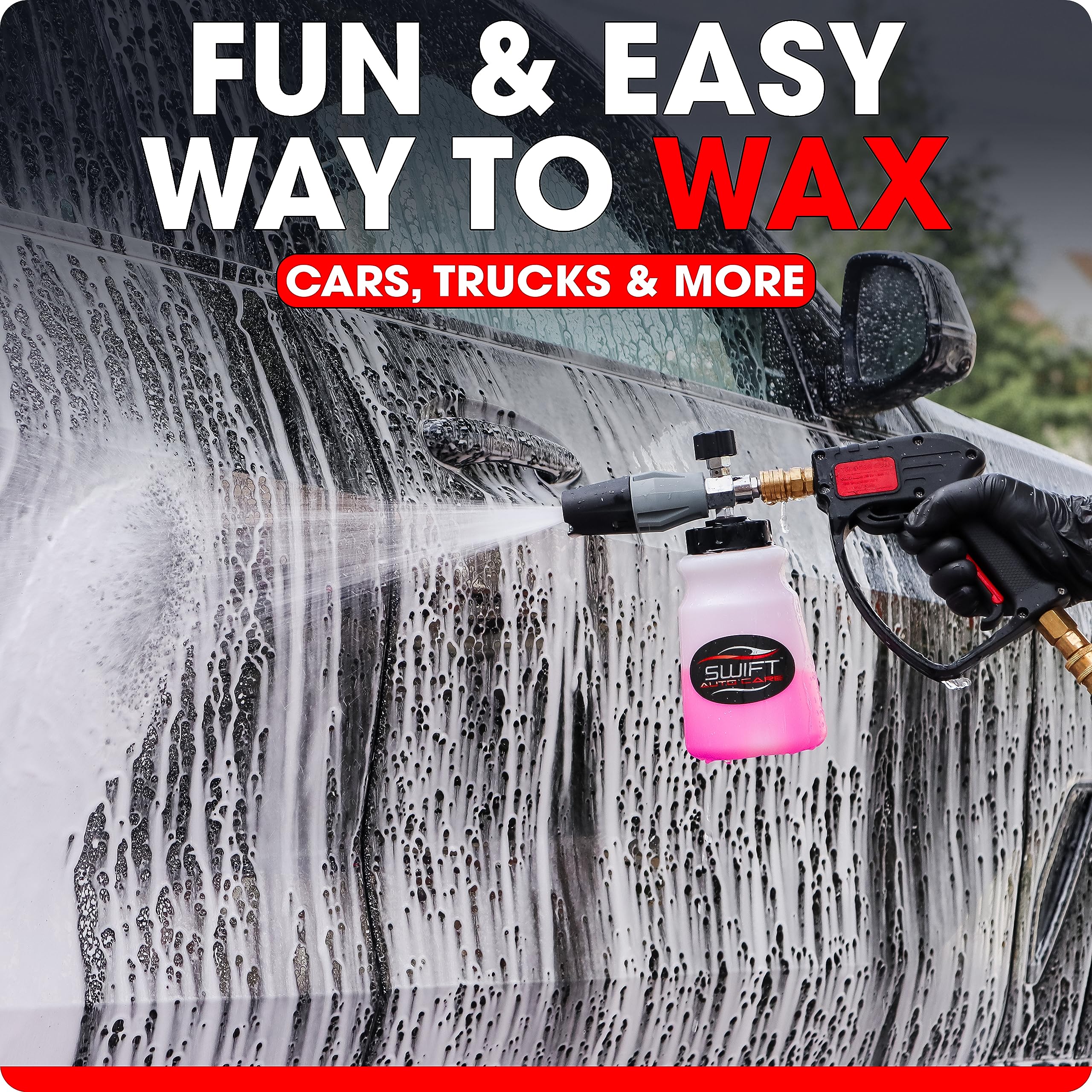 Swift Auto Care foam cannon application on sedan for fast waxing benefit