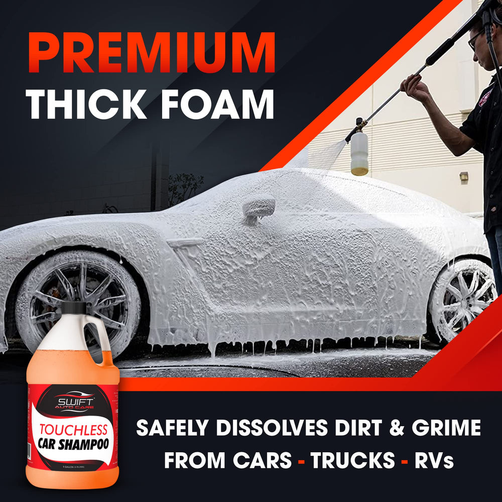 Swift Auto Care foam cannon spraying thick foam on car for touchless cleaning