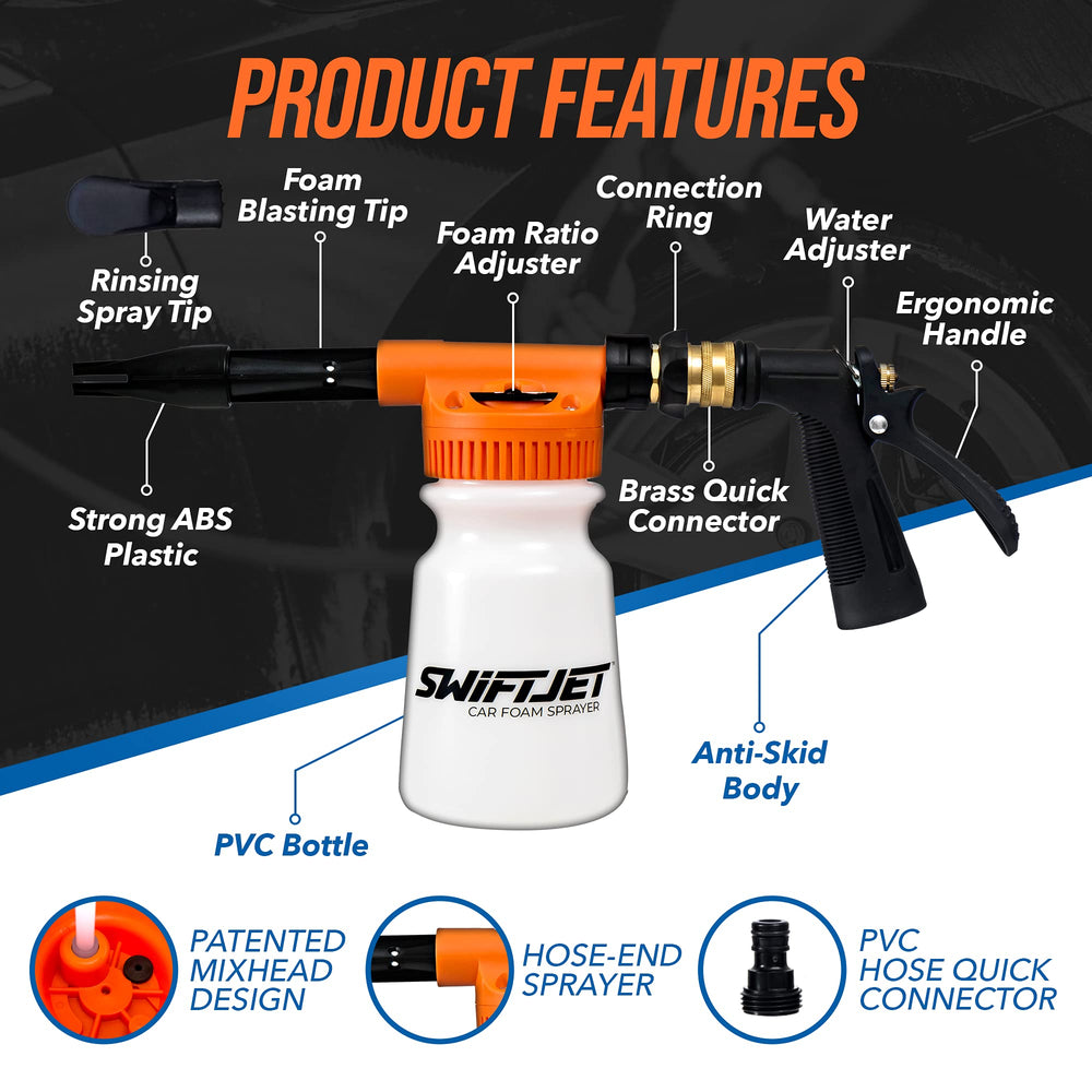 SwiftJet foam gun connected to garden hose showing tool-free attachment benefit