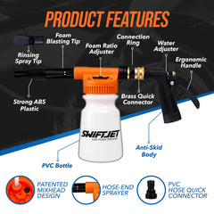 SwiftJet foam gun connected to garden hose showing tool-free attachment benefit