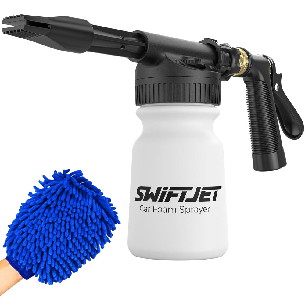 SwiftJet foam gun front profile showing ergonomic grip and durable build, improves handling