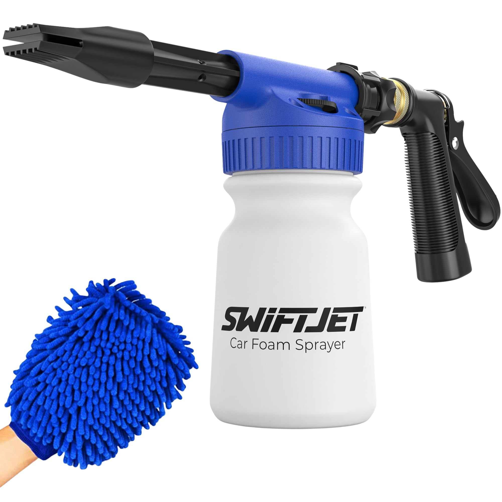SwiftJet foam gun front view showing ergonomic grip and easy connection for faster washes